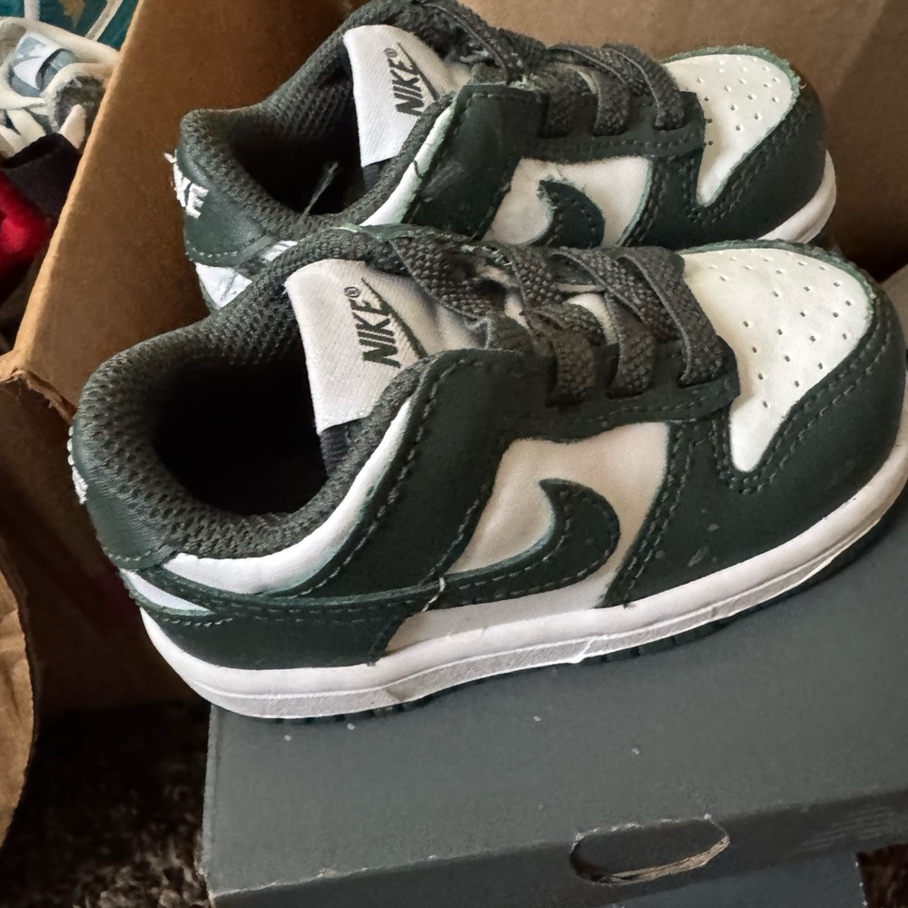 2 pair Nike Dunk Toddler Sneakers in Dark Green and olive green